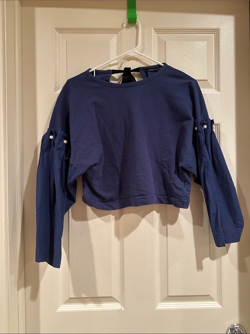 Zara Navy Pearl-Sleeve Cropped Sweatshirt